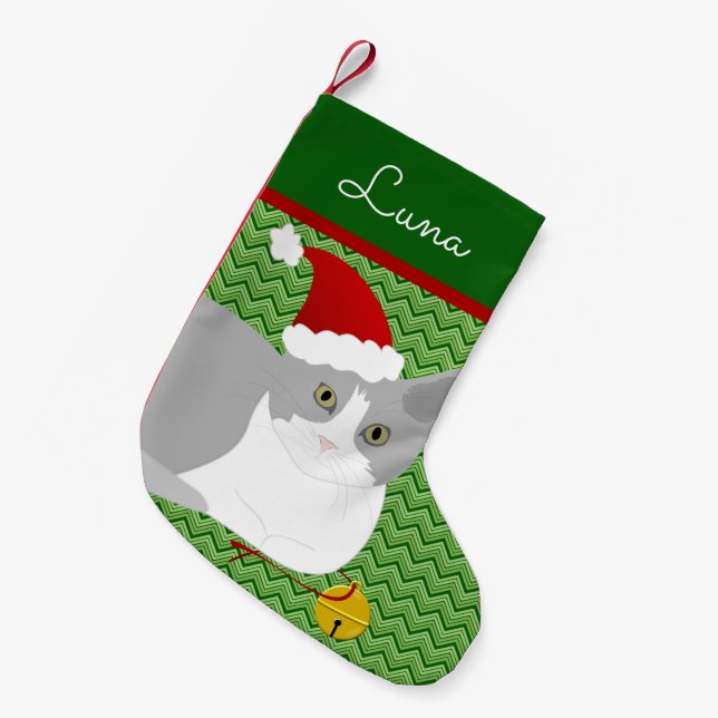 Grey And White Santa Cat Personalized Small Christmas Stocking (Front (Hanging))