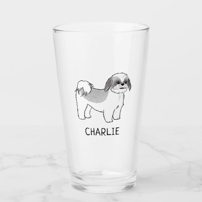 Grey and White Shih Tzu Cartoon Dog Personalized Glass (Front)