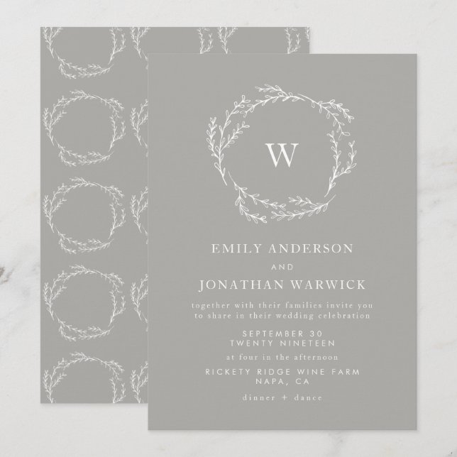 Grey and White Simple Wreath Wedding Invitation (Front/Back)