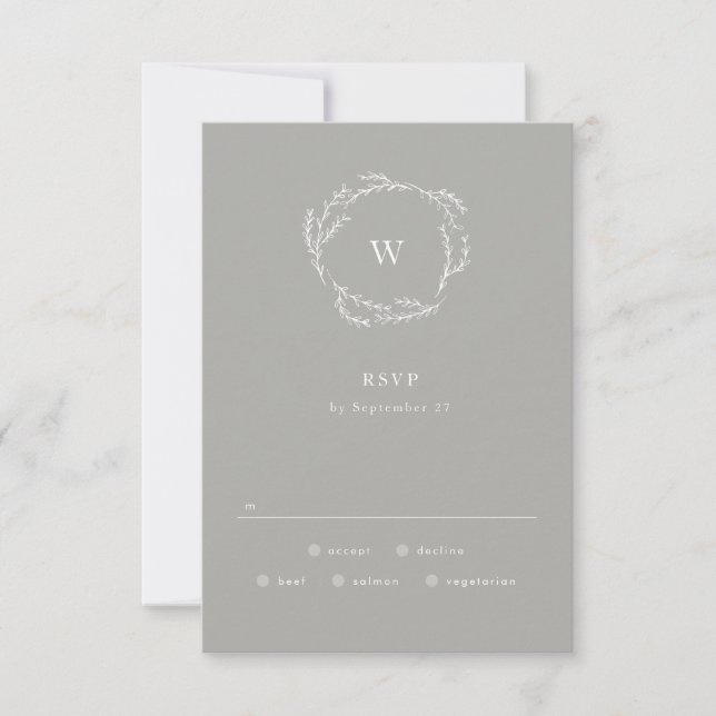 Grey and White Simple Wreath Wedding RSVP Card (Front)