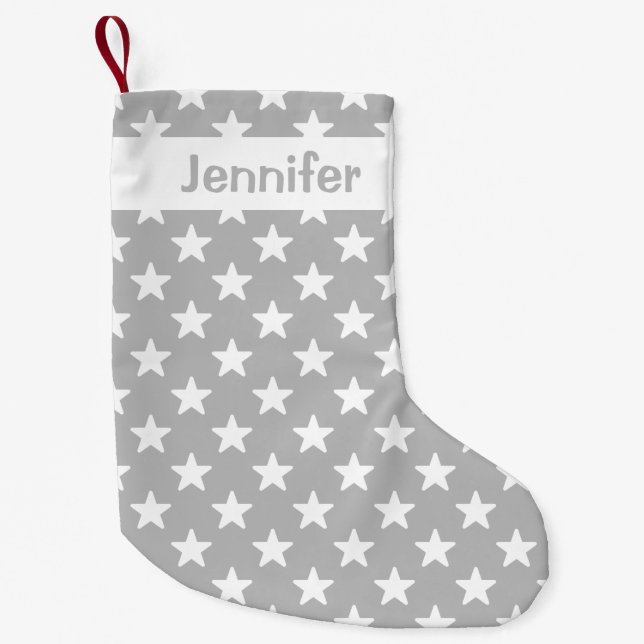 Grey And White Star Pattern With Custom Name Small Christmas Stocking (Front)