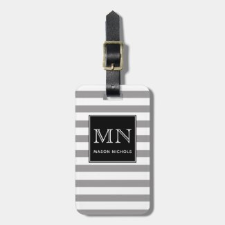 Grey and White Striped Monogram Luggage Tag