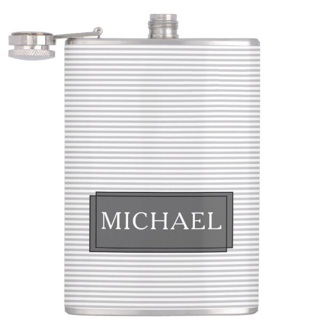 Grey and white stripes - Personalized Flask