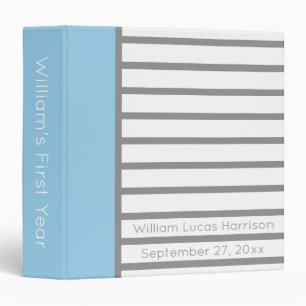 Grey and White Stripes With Cottage Blue Memory 3 Ring Binder