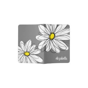 Grey and White Whimsical Daisy with Custom Name Passport Holder