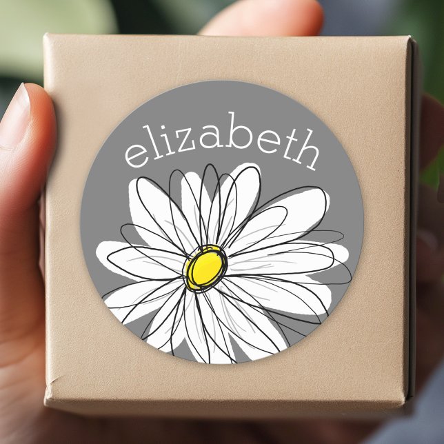 Grey and White Whimsical Daisy with Custom Text Classic Round Sticker (Custom Sticker for Party Favors and Envelopes)