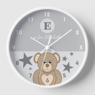 Grey and white with a cute teddy stars baby name clock