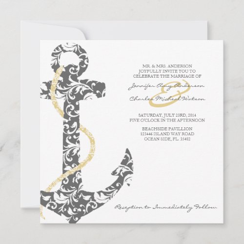 Grey and Yellow Anchor Beach Wedding Invitation