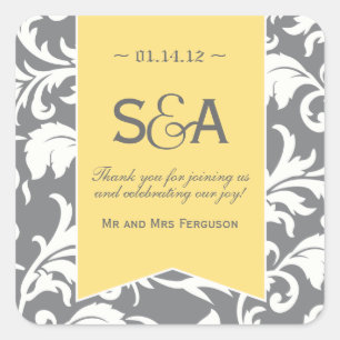 Grey and Yellow Damask Favor Stickers