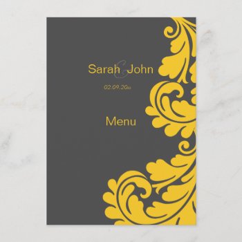 Grey And Yellow Damask Wedding Menu by Cards_by_Cathy at Zazzle