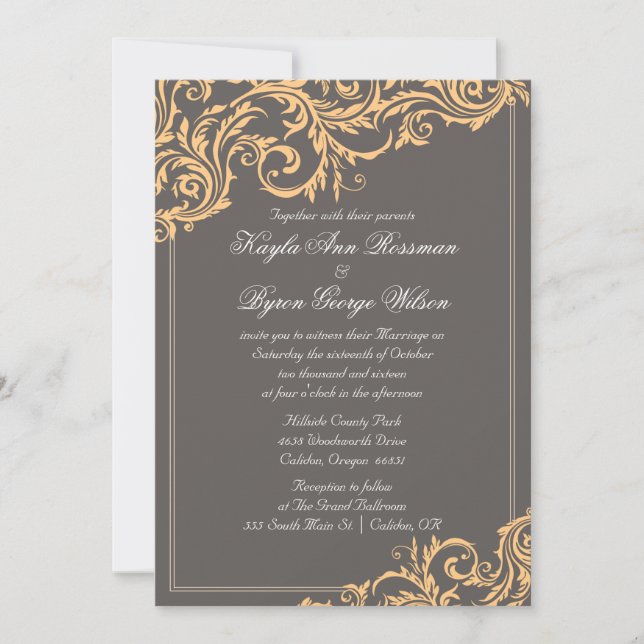 Grey and Yellow Flourish Wedding Invitation (Front)