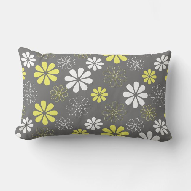 Grey and Yellow Flower Pattern Lumbar Pillow (Front)