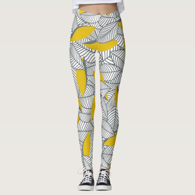 Grey and yellow leaf pattern. leggings (Front)