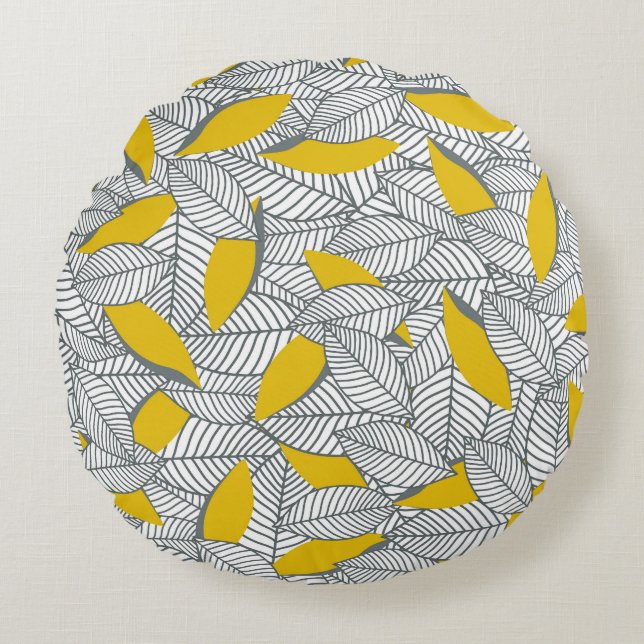 Grey and yellow leaf pattern. round pillow (Front)