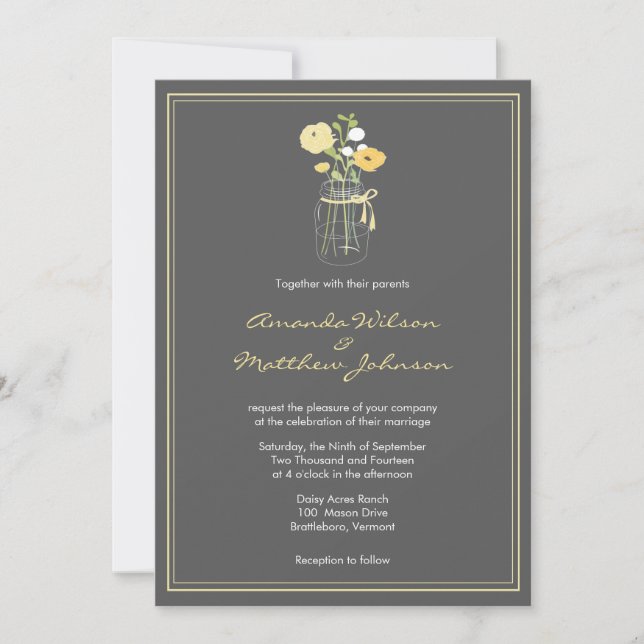 Grey and Yellow Mason Jar Wedding Invitations (Front)