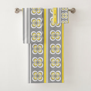 Grey and yellow peacock eyes and stripes bath towel set