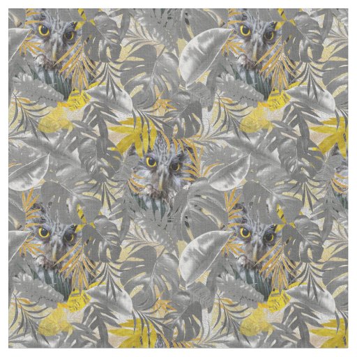 Grey and yellow plant leaves and cute owls fabric
