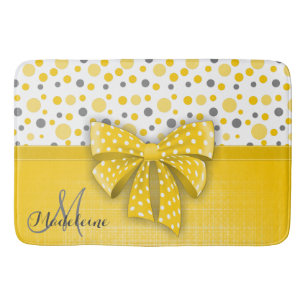 Grey and Yellow Polka Dots, Sunny Yellow Ribbon Bathroom Mat