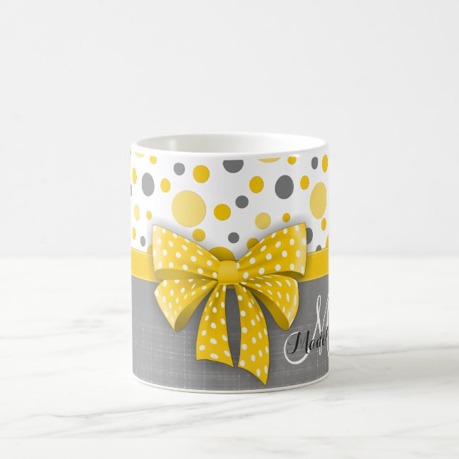 Grey and Yellow Polka Dots, Sunny Yellow Ribbon Coffee Mug (Center)
