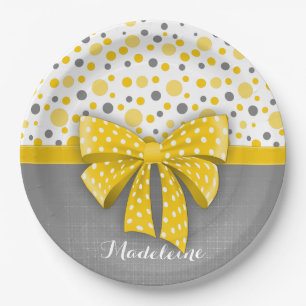 Grey and Yellow Polka Dots, Sunny Yellow Ribbon Paper Plates