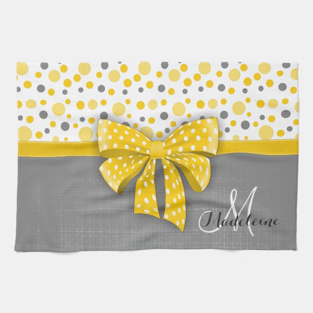 Grey and Yellow Polka Dots, Sunny Yellow Ribbon Towel (Horizontal)