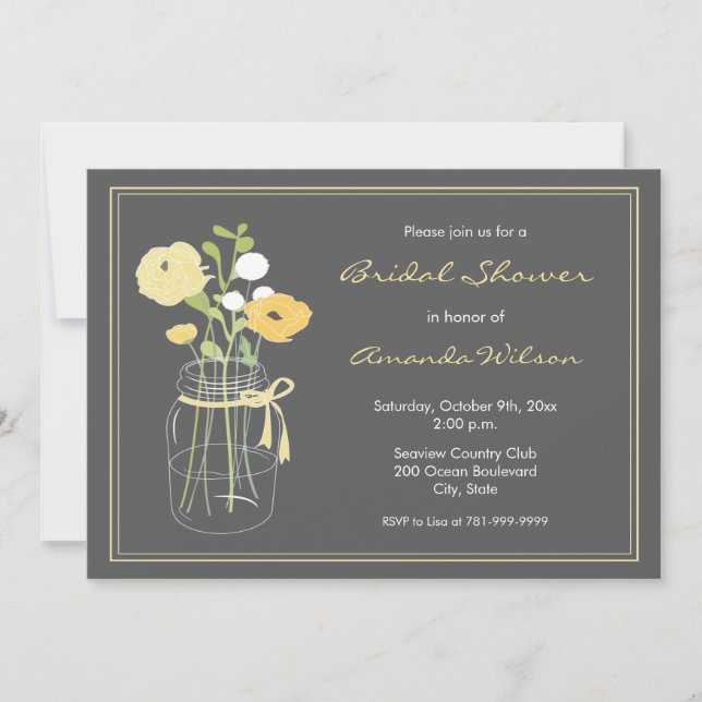 Grey and Yellow Rustic Mason Jar Bridal Shower Invitation (Front)