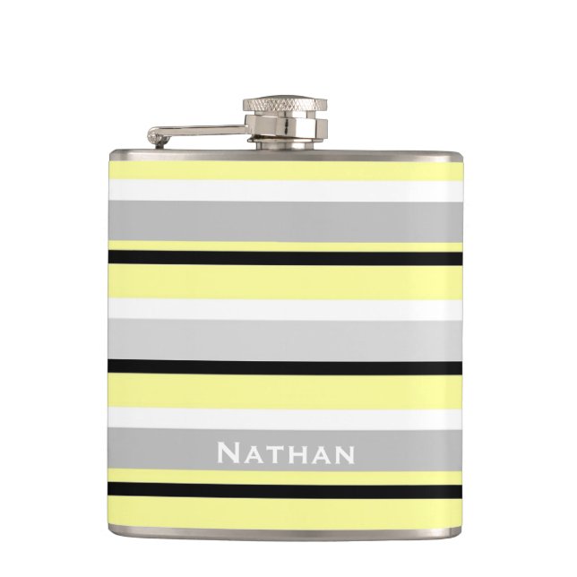 Grey and Yellow Stripes Stylish Personalised Flask (Front)