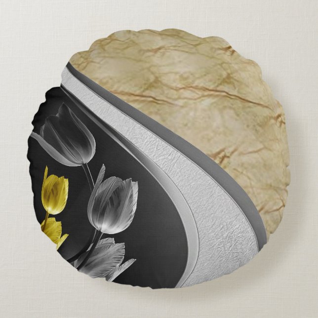 Grey and yellow tulips flower 2021 colors round pillow (Front)