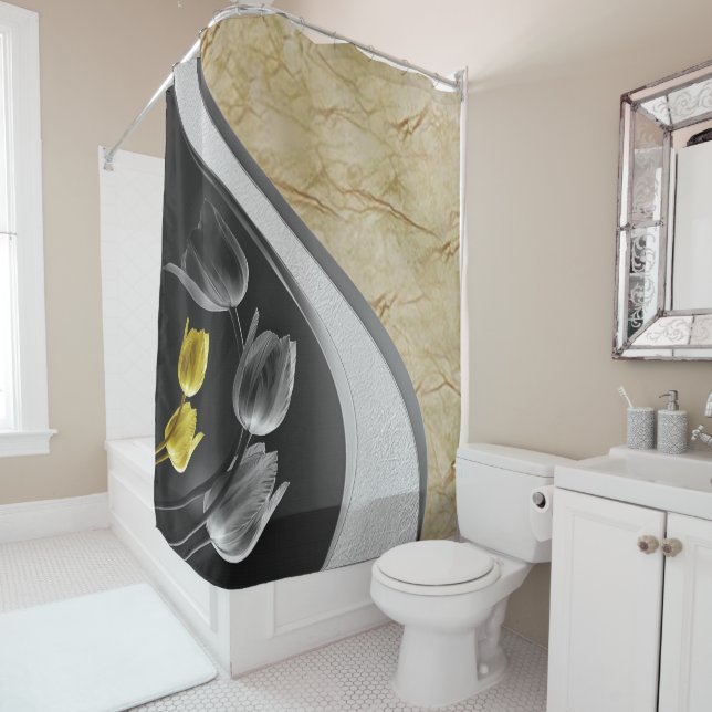 Grey and yellow tulips flower 2021 colors shower curtain (In Situ)