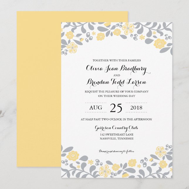 Grey and Yellow Wildflower Blossoms | Wedding Invitation (Front/Back)