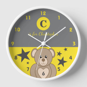 Grey and yellow with a cute teddy stars baby name clock