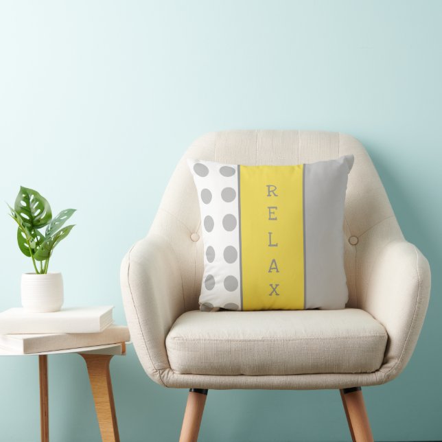 Grey and yellow with polka dots and stripes relax throw pillow (Chair)