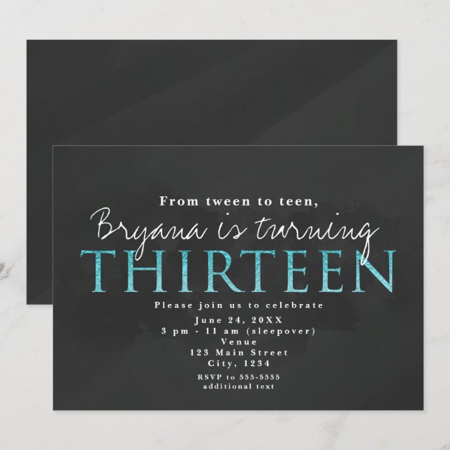 Grey & Aqua Blue 13TH 13 Birthday Party Invitation (Front/Back)