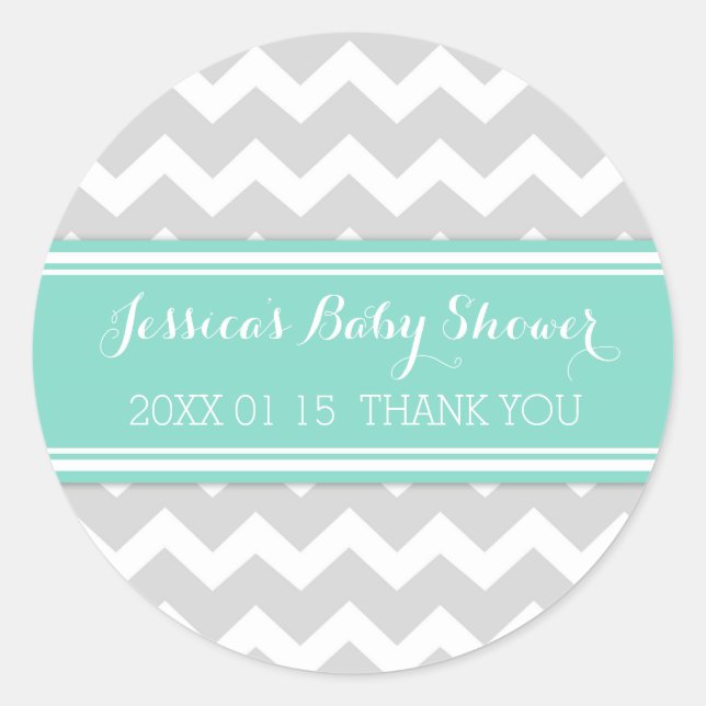 Grey Aqua Chevron Baby Shower Favor Stickers (Front)
