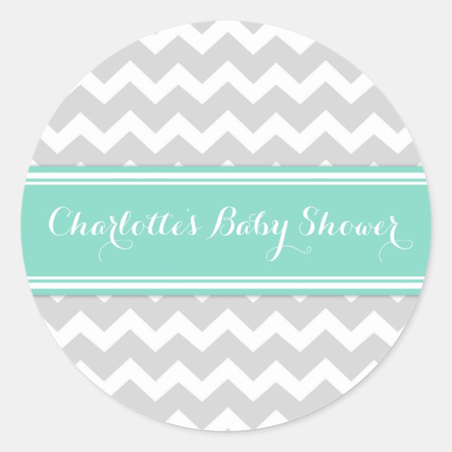 Grey Aqua Chevron Baby Shower Favor Stickers (Front)