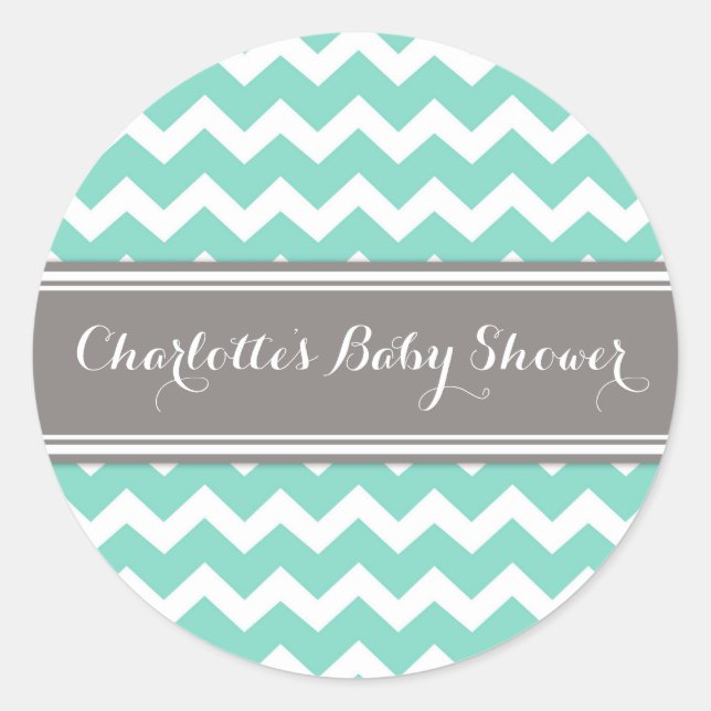 Grey Aqua Chevron Baby Shower Favor Stickers (Front)