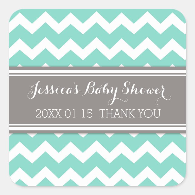 Grey Aqua Chevron Baby Shower Favor Stickers (Front)