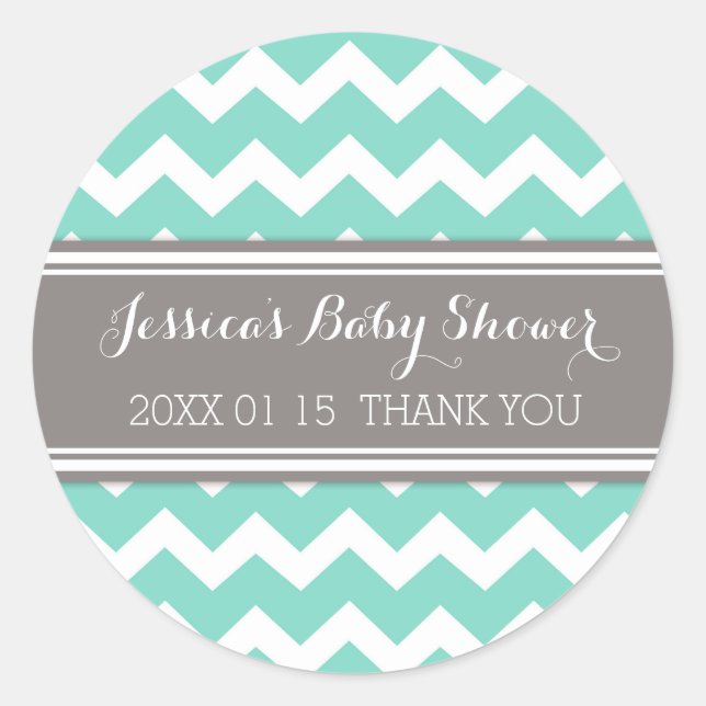 Grey Aqua Chevron Baby Shower Favor Stickers (Front)