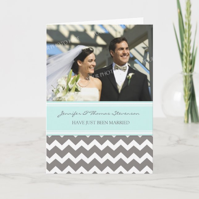 Grey Aqua Chevron Just Married Photo Announcement (Front)