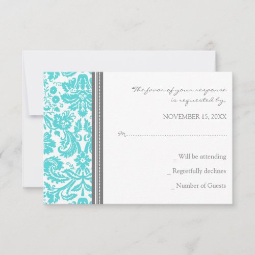 Grey Aqua Damask RSVP Wedding Card