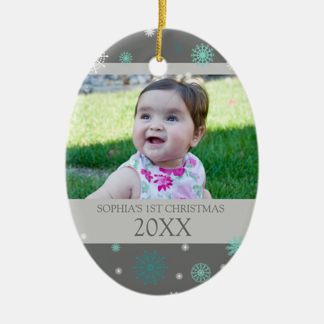 Grey Aqua Snow Photo Baby's 1st Christmas Ornament (Front)