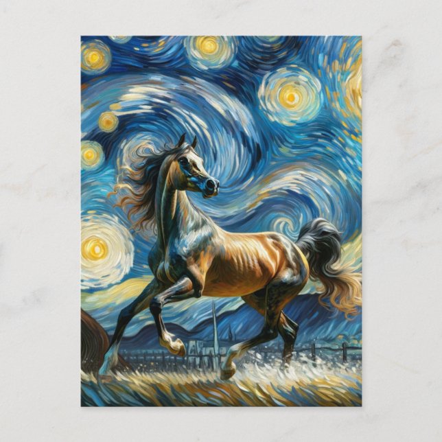 Grey Arabian Horse in Van Gogh Starry Night Postcard (Front)