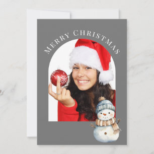 GREY ARCHED PHOTO SNOWMAN CHRISTMAS HOLIDAY CARD