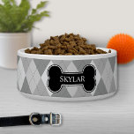 Grey Argyle Pattern With Black Bone And Name Bowl<br><div class="desc">Argyle type pattern in grey color scheme. There is also a black dog bone shaped banner with a personalizable text area for a name or other custom text such as "food",  "dinner" or "water".</div>