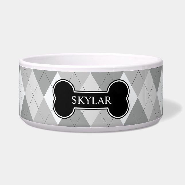 Grey Argyle Pattern With Black Bone And Name Bowl (Front)