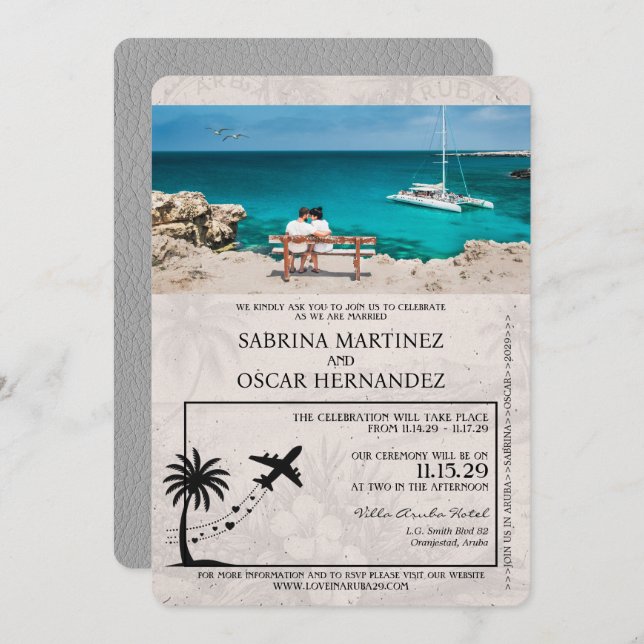 Grey Aruba Passport Wedding Invitation (Front/Back)