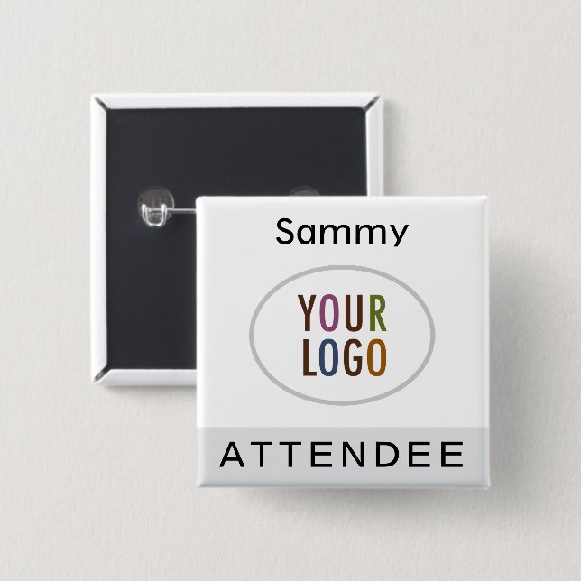 Grey Attendee Name Badge with Logo Pinback Square  Button (Front & Back)