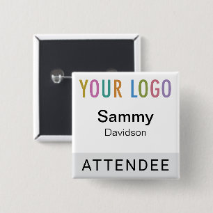 Grey Attendee Name Badge with Logo Pinback Square Button