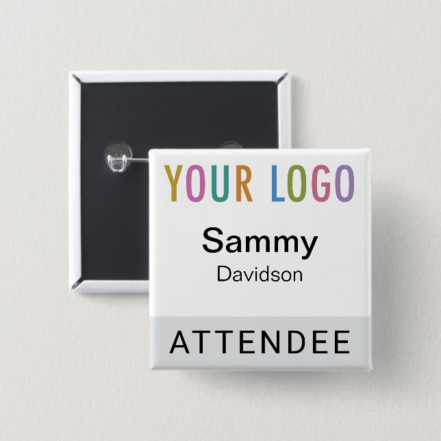 Grey Attendee Name Badge with Logo Pinback Square Button (Front & Back)