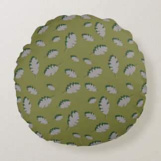 Grey autumn leaves pattern on a green background round pillow